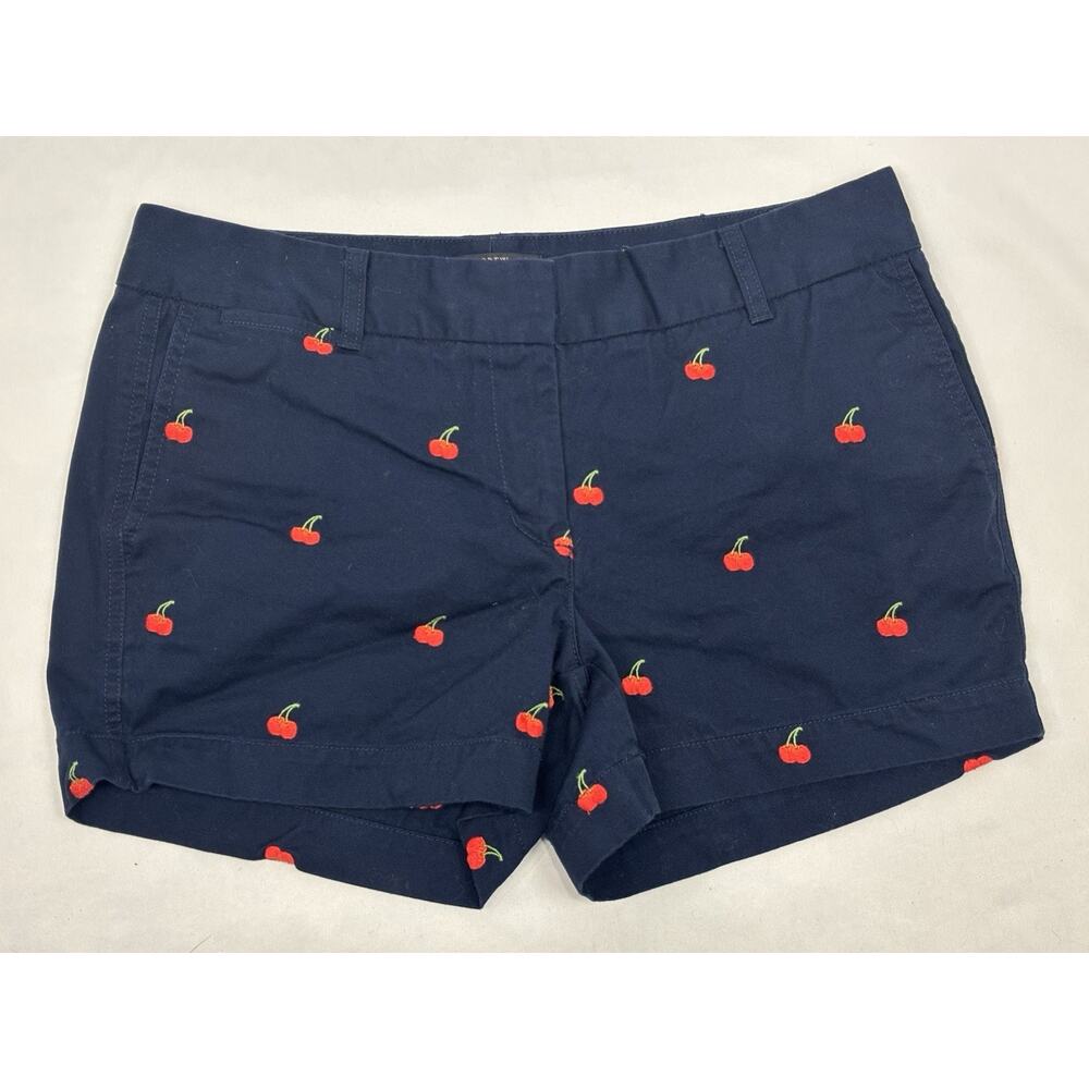 J. Crew Women’s 6 Shorts Chino Cherry Embroidered Navy Blue Red Preppy Pockets